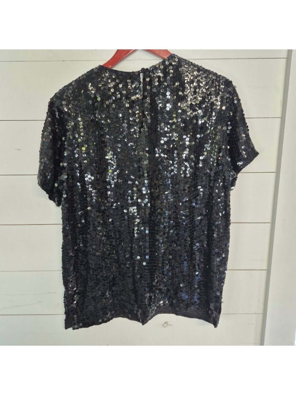 Diane Gilman Women's Black Sequin 100% Silk Short Sleeve Top With Shoulder Pads - Picture 3 of 4